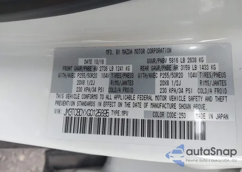 2016 Mazda Cx-9 Grand Touring from USA, damaged, VIN JM3TCBDYXG0125895